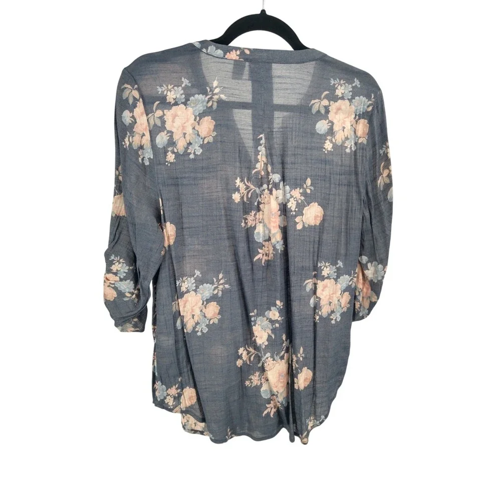 Chico's Blouse Top 1 M Floral Print Button Front‎ Tab Sleeve Boho Blue Peach